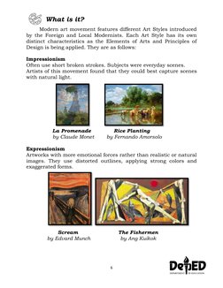 6 
 
Modern art movement features different Art Styles introduced 
by the Foreign and Local Modernists. Each Art Style has it