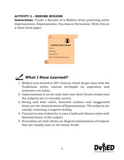 8 
 
ACTIVITY 2 – RESUME BUILDER 
Instructions. Create a Resume of a Modern Artist practicing either 
Impressionism, Expressi