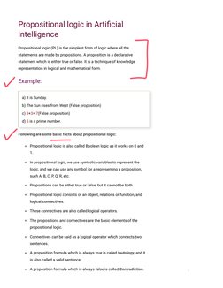 Propositional logic in Artiﬁcial
intelligence
Propositional logic (PL) is the simplest form of logic where all the
statements