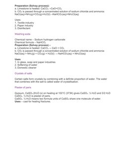 Preparation (Solvay process):
a. Limestone is heated: CaCO3→CaO+CO2
b. CO2 is passed through a concentrated solution of sodiu