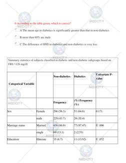 6 According to the table given, which is correct? 
 A The mean age in diabetics is significantly greater than that in non-d