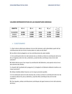 Universidad Mayor De San simón 
Laboratorio De Física l
VALORES REPRESENTATIVOS DE LAS MAGNITUDES MEDIDAS
OBJETO
H[cm]
D[cm]