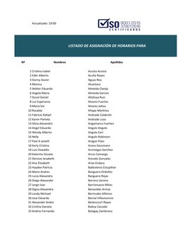 Actualizado: 19:00
DIRECCIÓ
LISTADO DE ASIGNACIÓN DE HORARIOS PARA LA EVALUACIÓN DE
Nº
Nombres
Apellidos
1 Cristina Isabel 
A
