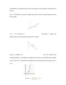 La pendiente es la inclinación de la recta con respecto al eje de abscisas. Se denota con la
letra m. 
Si m > 0 la función es