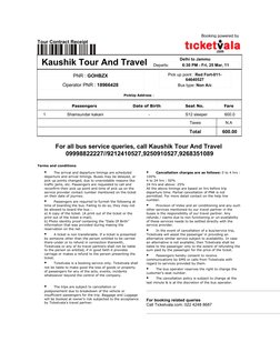 Tour Contract Receipt
Booking powered by 
Kaushik Tour And Travel
Delhi to Jammu
Departs: 
6:30 PM - Fri, 25 Mar, 11
PNR : GO