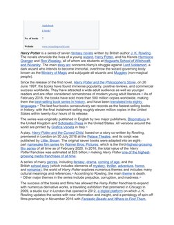 Audiobook (https://en.wikipedia.org/wiki/Audiobook)
E-book
 
 [1]  
No. of books
7
Website
www.wizardingworld.com (https://ww