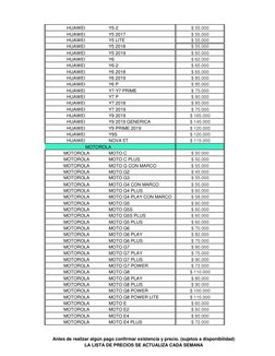 HUAWEI 
Y5-2
$ 55.000
HUAWEI 
Y5 2017
$ 55.000
HUAWEI 
Y5 LITE 
$ 55.000
HUAWEI 
Y5 2018 
$ 55.000
HUAWEI 
Y5 2019
$ 60.000
H