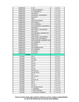 SAMSUNG 
A 10S
$ 80.000
SAMSUNG 
A10S CON MARCO
$ 85.000
SAMSUNG 
A11 SIN MARCO 
$ 115.000
SAMSUNG 
A20 INCELL 
$ 100.000
SAM