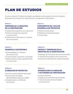 PLAN DE ESTUDIOS
04
El curso consta de 12 módulos semanales que abordan los dos aspectos críticos de la gestión 
de proyectos