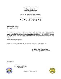 Province of Negros Oriental
City of Dumaguete
Barangay Poblacion 04
o0o 
OFFICE OF THE PUNONG BARANGAY
A P P O I N T M E N T