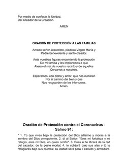 Por medio de confesar la Unidad,
Del Creador de la Creación.
AMEN
ORACIÓN DE PROTECCIÓN A LAS FAMILIAS
Amado señor Jesucristo