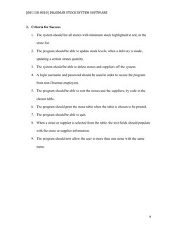 [001118-0010] DRAEMAR STOCK SYSTEM SOFTWARE
3. Criteria for Success
1. The system should list all stones with minimum stock h