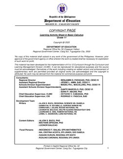 ii
Learning Activity Sheet in Basic Calculus
Grade 11
Copyright @ 2020
DEPARTMENT OF EDUCATION
Regional Office No.