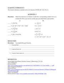 LEARNING COMPETENCY
The learners illustrate an antiderivative of a function (STEM_BC11LC-IVa-1)
ACTIVITY 3
Directions: