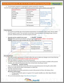 Oracle R12 Financials (GL, AP, AR, CE, FA, MOAC and EB Tax) Training Manual  (http://oracleapps88.blogspot.com/)
Financials