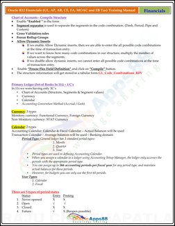Oracle R12 Financials (GL, AP, AR, CE, FA, MOAC and EB Tax) Training Manual  (http://oracleapps88.blogspot.com/)
Financials