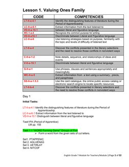 Lesson 1. Valuing Ones Family 
CODE
COMPETENCIES
LT-II-a-4.1
Identify the distinguishing features of literature during the 
P