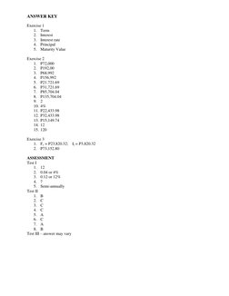 ANSWER KEY 
Exercise 1 
1. Term 
2. Interest 
3. Interest rate 
4. Principal 
5. Maturity Value 
 
Exercise 2 
1. P72,000 
2.