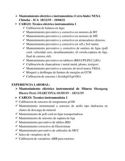  Mantenimiento eléctrico e instrumentista (Cerro lindo) NEXA 
Chincha – ICA  18/12/19 – 10/04/21 
 CARGO: Técnico eléctri