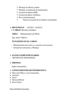  Montaje de tubería conduit 
 Montaje e instalación de instrumentos  
 Lecturas de planos P&D 
 Lectura de planos Unifila
