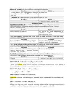 CUIDADO PROPIO: Hace referencia al aseo, comida, higiene y apariencia.
Fortalezas
Debilidades
Reconoce  horarios  para  la  a