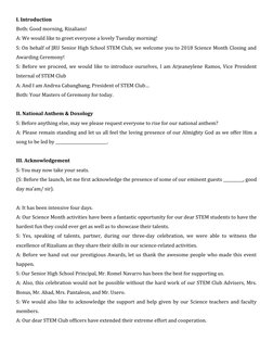 I. Introduction
Both: Good morning, Rizalians! 
A: We would like to greet everyone a lovely Tuesday morning!
S: On behalf of