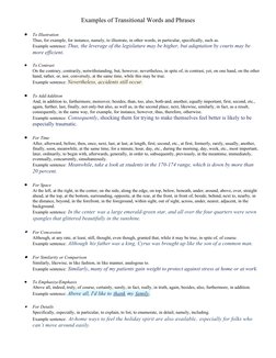 Examples of Transitional Words and Phrases

To Illustration
Thus, for example, for instance, namely, to illustrate, in other