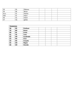 53 
PL 
Plátano 
 
 
 
 
54 
BL 
Blusa 
 
 
 
 
55 a 
FL 
Flecha 
 
 
 
 
55b 
FL 
Flaco 
 
 
 
 
56