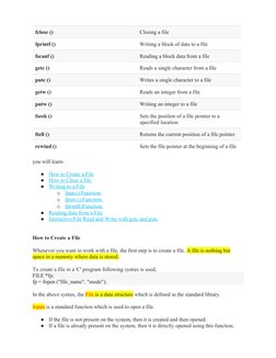 fclose ()
Closing a file
fprintf ()
Writing a block of data to a file
fscanf ()
Reading a block data from a file
getc ()
Read