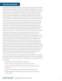 2
A SANS 2021 Survey: OT/ICS Cybersecurity
Executive Summary
The operational technology (OT)/industrial control system (ICS)