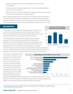 3
A SANS 2021 Survey: OT/ICS Cybersecurity
•  Continued adoption of ICS monitoring technologies and threat-hunting 
methodol