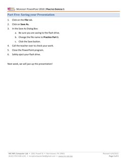 MICROSOFT POWERPOINT 2010 | PRACTICE EXERCISE 1 
MC-NPL Computer Lab  •  1001 Powell St  •  Norristown, PA 19401 
(610) 278