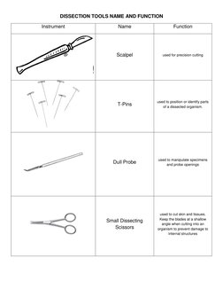DISSECTION TOOLS NAME AND FUNCTION 
Instrument 
Name 
Function 
 
Scalpel 
used for precision cutting 
 
T-Pins 
used to posi