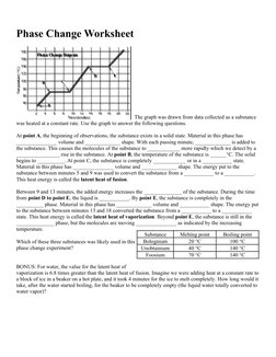 Phase Change Worksheet
   The graph was drawn from data collected as a substance 
was heated at a constant rate. Use the grap