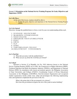Module – Literacy Training Service 
 
 
 
 
Lesson 1: Orientation on the National Service Training Program: Its Goals, Object