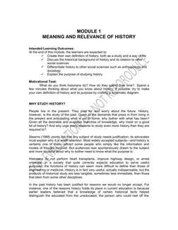 MODULE 1
MEANING AND RELEVANCE OF HISTORY
Intended Learning Outcomes:
At the end of this module, the learners are expected to