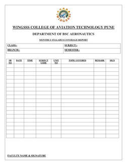 WINGSSS COLLEGE OF AVIATION TECHNOLOGY PUNE 
DEPARTMENT OF BSC AERONAUTICS 
MONTHLY SYLLABUS COVERAGE REPORT 
CLASS:- 
SUBJ