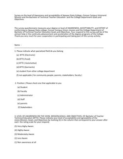 Survey on the level of Awareness and acceptability of Apayao State College -Conner Campus Visionand 
Mission and the Bachelor