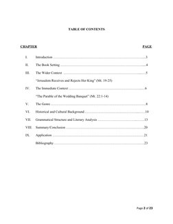 TABLE OF CONTENTS
CHAPTER
PAGE
I.
Introduction …………………………………………………………………….....3
II.
The Book Setting ………………………………………………………………