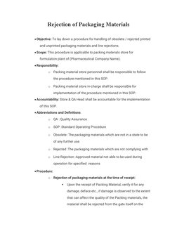 Rejected Material Ragister Rejection Procedure for Packaging Materials | PDF | Packaging And ...