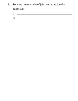 9.
State any two examples of jobs that can be done by 
neighbours.
i)
___________________________________________
ii)
_______