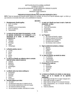 INSTITUCIÓN EDUCATIVA NORMAL SUPERIOR
FLORENCIA CAQUETA
EVALUACIÓN SUPERACION Y/O RECUPERACION II PERIODO FILOSOFÍA
GRADO DEC