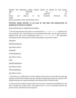 BEFORE  THE  PRINCIPAL  JUDGE,  FAMILY  COURT  AT  (NAME  OF  THE  PLACE)
HMA
 
PETITION
 
No._______
 
OF
IN
 
THE
 
MATTER