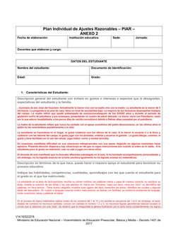 Plan Individual de Ajustes Razonables – PIAR –
ANEXO 2
Fecha de elaboración:  
Institución educativa: 
Sede: 
Jornada: 
Docen