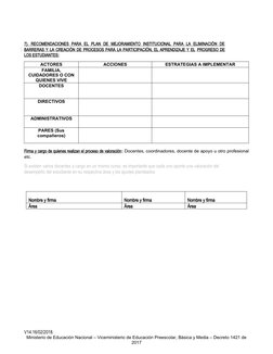 7).  RECOMENDACIONES  PARA  EL  PLAN  DE  MEJORAMIENTO  INSTITUCIONAL  PARA  LA  ELIMINACIÓN  DE
BARRERAS Y LA CREACIÓN DE PR