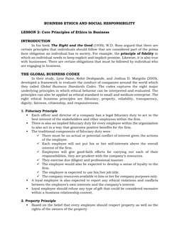 BUSINESS ETHICS AND SOCIAL RESPONSIBILITY 
 
LESSON 2: Core Principles of Ethics in Business 
 
INTRODUCTION 
In his book The