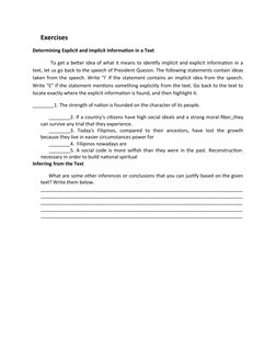 Exercises
Determining Explicit and Implicit Information in a Text
 To get a better idea of what it means to identify implicit