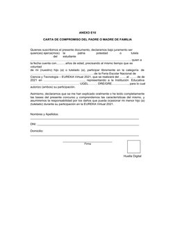 ANEXO E10
CARTA DE COMPROMISO DEL PADRE O MADRE DE FAMILIA
Quienes suscribimos el presente documento, declaramos bajo juramen
