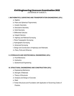 Civil Engineering Licensure Examination 2022 
(COVERAGE BY SUBJECT) 
 
 
I. MATHEMATICS, SURVEYING AND TRANSPORTATION ENGINEE