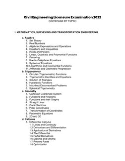 Civil Engineering Licensure Examination 2022 
(COVERAGE BY TOPIC) 
 
 
 
I. MATHEMATICS, SURVEYING AND TRANSPORTATION ENGINEE